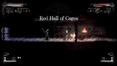 red hall of cages